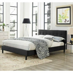 Best deal ⭐ Copper Grove Silistra Queen-size Black Vinyl Platform Bed With Tufted Headboard 🎁