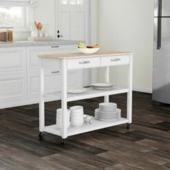 Best Sale 🛒 Copper Grove Shippagan Natural Wood Top Kitchen Cart/ Island With Optional Stool Storage In White Finish 🎁
