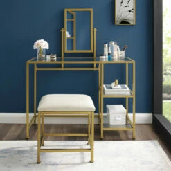 Outlet π Copper Grove Vertou Vanity, Mirror, And Stool Set With Goldtone Finish - CrΓ¨me/Soft Gold - 42 "W X 20 "D X 52.25 "H π