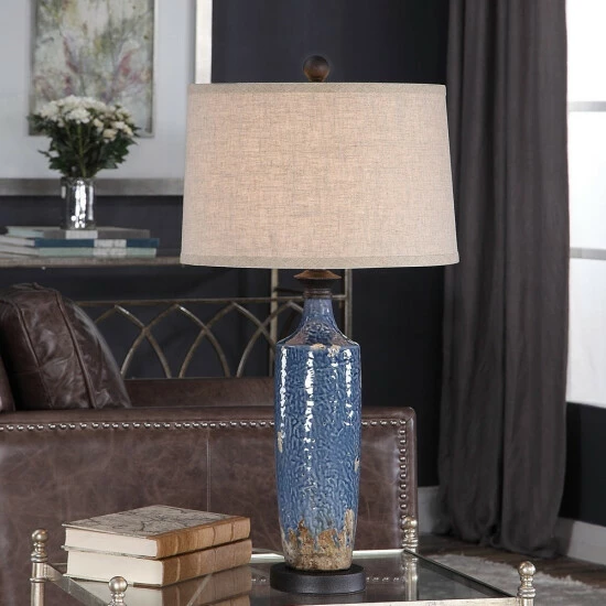 Budget π₯° Copper Grove Bajze Blue Textured Ceramic Table Lamp With Distressing π₯° - Image 2