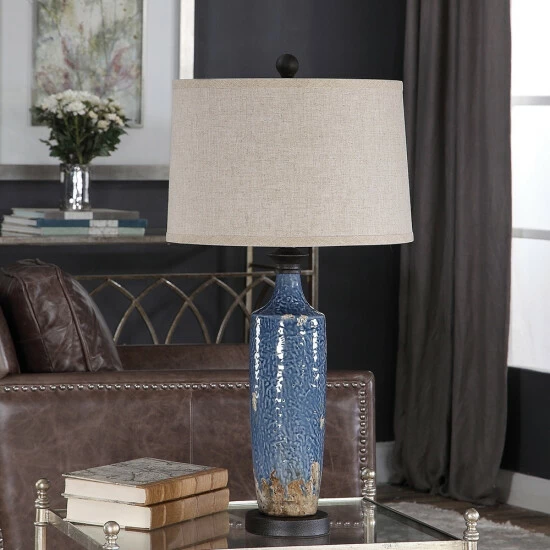 Budget π₯° Copper Grove Bajze Blue Textured Ceramic Table Lamp With Distressing π₯° - Image 6