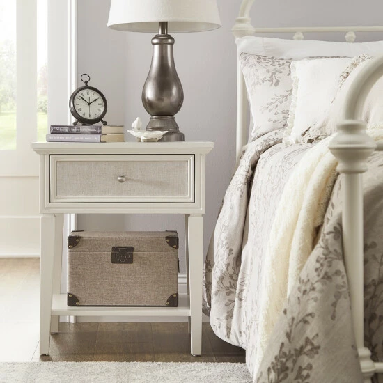 Best reviews of 😀 Copper Grove Bons White Finish Beige Linen Drawer Face 1-drawer Nightstand ✔️