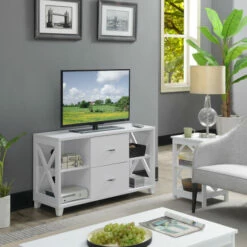 Best Pirce 𧨠Copper Grove Deluxe Cranesbill 2 Drawer TV Stand With Shelves Weathered Gray π€©