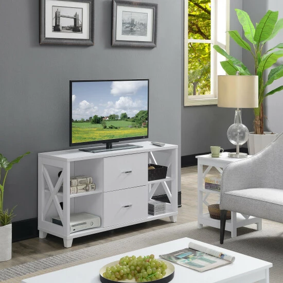 Best Pirce 𧨠Copper Grove Deluxe Cranesbill 2 Drawer TV Stand With Shelves Weathered Gray π€©