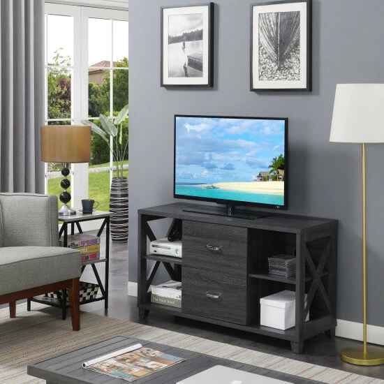 Best Pirce 𧨠Copper Grove Deluxe Cranesbill 2 Drawer TV Stand With Shelves Weathered Gray π€© - Image 5