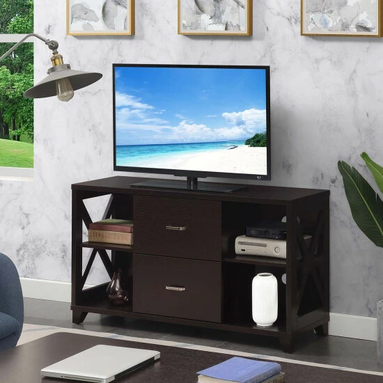 Best Pirce 𧨠Copper Grove Deluxe Cranesbill 2 Drawer TV Stand With Shelves Weathered Gray π€© - Image 8