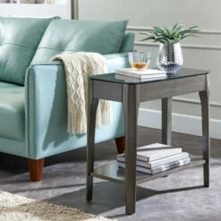 Outlet 🌟 Copper Grove Hemer Narrow End Table With Black Glass Top Brown ✔️