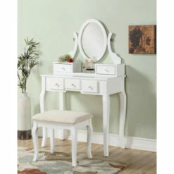 Best Sale β€οΈ Roundhill Furniture Copper Grove Watt Wood Makeup Vanity Table And Stool Set White βοΈ