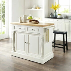 Best Sale 🔥 Copper Grove Kalesar Butcher Block Top White Kitchen Island With 24-inch Black Upholstered Saddle Stools 🎁