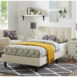 Wholesale ⭐ Copper Grove Silistra Twin-size Beige Fabric Platform Bed With Tufted Headboard 🌟