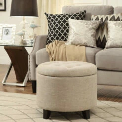 Outlet 😀 Copper Grove Chrysanthemum Round Storage Ottoman Sandstone Fabric ⭐