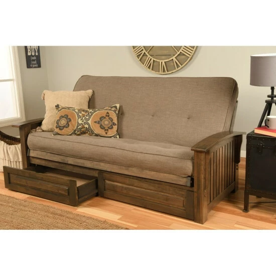 New π₯° Copper Grove Kostandovo Storage Futon In Rustic Walnut Finish With Linen Mattress Linen Aqua π - Image 8