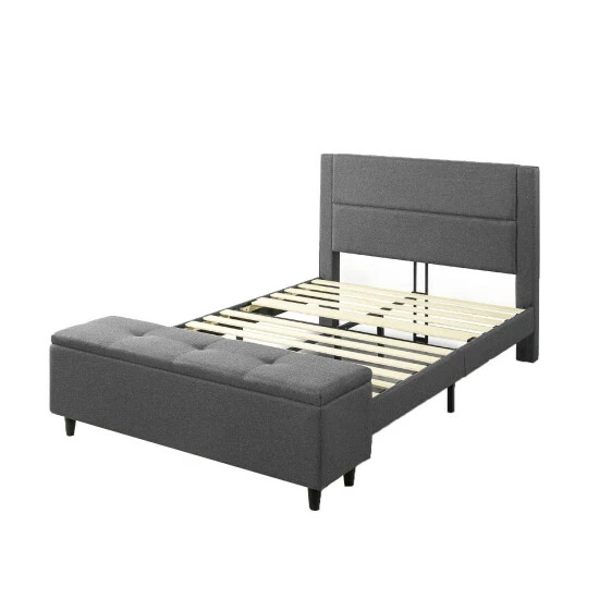 New β Copper Grove Krolevets Grey Fabric Platform Bed With Storage Ottoman 𧨠- Image 3
